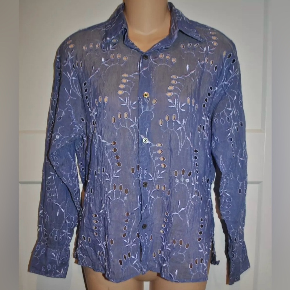 CRAIG TAYLOR Purple Embroidered Eyelet Button Front Blouse S/M